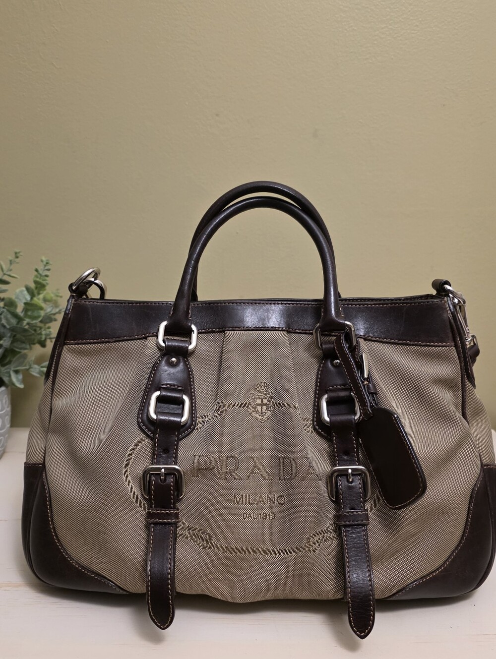 Prada | Tan And Brown Logo Jacquard 2-Way Satchel Bag